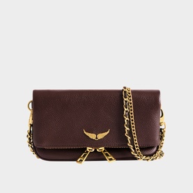 Zadig purple grained leather clutch bag with gold chain strap and signature wings logo hardware