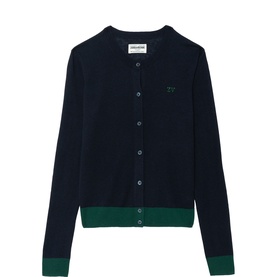Zadig blue knit cardigan with green contrast cuffs and hem, button-front fastening, small embroidered logo detail