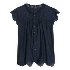 Zadig blue short-sleeve blouse with broderie anglaise trim, scalloped hem, and button-front placket