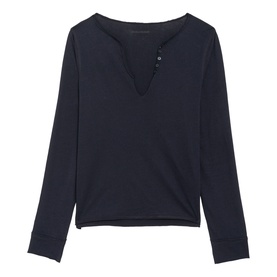 Zadig blue long-sleeve Henley top with button placket neckline and ribbed cuffs, ghost shot on white background