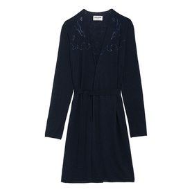 Zadig blue long-sleeve wrap dress with lace collar detail, self-tie belt, knee-length hem, no model