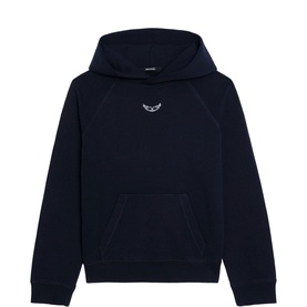 Zadig blue hoodie with kangaroo pocket and embroidered wing logo at chest, long sleeves and drawstring hood