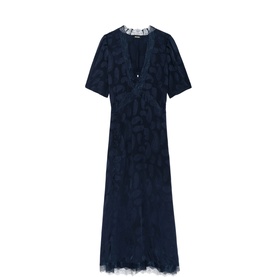 Zadig Redox Paisley Silk Flared Dress in blue, midi length, short sleeves, jacquard fabric with lace trim detail at neckline and hem