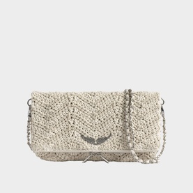 Zadig white crochet clutch bag with silver chain strap and winged logo hardware