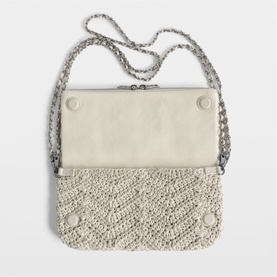 Zadig white crossbody bag with textured crochet lower panel, silver-tone studs, and woven chain strap