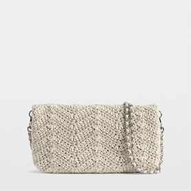 Zadig white woven crochet crossbody bag with silver chain strap and flap closure