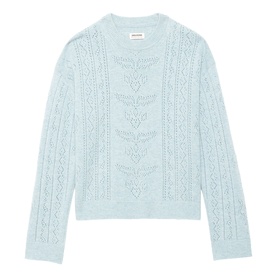 Zadig blue open-knit pointelle crew neck jumper with cable detail, long sleeves, lightweight fine knit