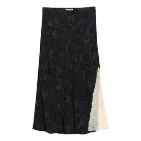 Zadig green midi skirt with floral jacquard texture and contrast cream lace panel insert at hem