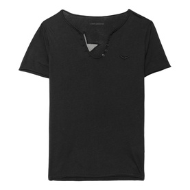 Zadig green short-sleeve henley T-shirt with button placket and tonal embroidered logo, lightweight jersey fabric