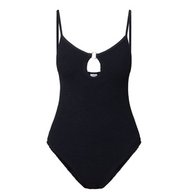 Hunza G Toni Textured One-Piece Swimsuit in Metallic Rosewood, scoop neckline with gold-tone ring hardware, narrow fixed straps, crinkle fabric
