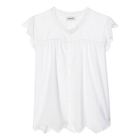 Zadig white sleeveless blouse with V-neck, ruffle trim, button front, and scalloped hem