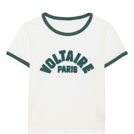 Zadig Alys Logo T-Shirt in white with green contrast trim, crew neck, short sleeves and Voltaire Paris chest logo print.
