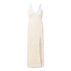 LOVESHACKFANCY Lemon Haze maxi dress with V-neckline, floral print, thin straps, and front split. No model.