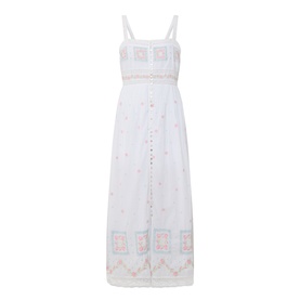 LOVESHACKFANCY dress in Optic White, sleeveless midi length with pastel floral embroidery, square tile border hem and button-front detail