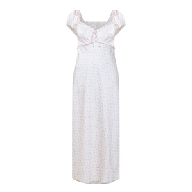 LOVESHACKFANCY Ivory Rose midi dress with sweetheart neckline, puff sleeves, gathered bust detail and delicate floral print.