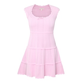 LOVESHACKFANCY dress in Candy Floss Pink, sleeveless tiered skirt, scoop neck with bow detail, textured fabric