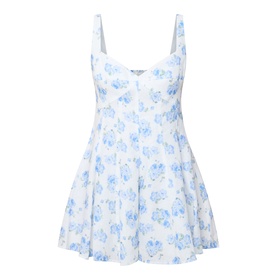 LOVESHACKFANCY Nabi Floral Print Mini Dress in Blue Marina, sweetheart neckline, wide straps, flared skirt, all-over floral print