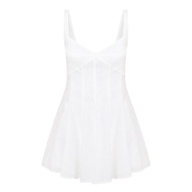 LOVESHACKFANCY white linen mini dress with sweetheart neckline, wide straps, corseted bodice and flared skirt