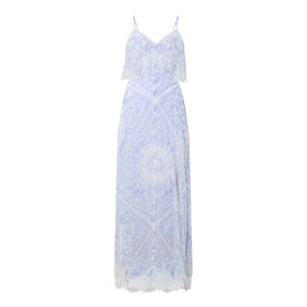 LOVESHACKFANCY dress in Indigo Shores, sleeveless maxi silhouette with lace trim, ruffle bodice and side split in delicate floral silk.