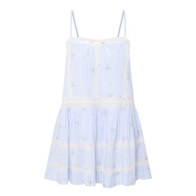LoveShackFancy Sky Mist cotton mini dress with spaghetti straps, blue stripe, floral embroidery, and white lace trim detail