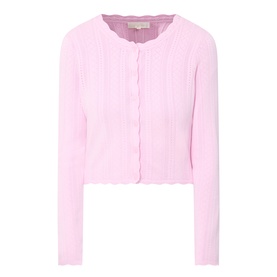 LOVESHACKFANCY Candy Floss Pink cropped knit cardigan with ribbed texture, button front, and scalloped hem