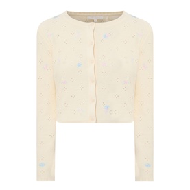 LOVESHACKFANCY Knitwear cardigan in Dayly, cream cropped style with pointelle knit pattern and blue floral embroidery, button front