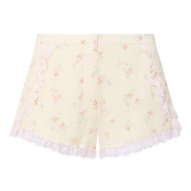 LOVESHACKFANCY shorts in Lemon Haze with floral print, ruffle trim detail, and lace hem edging. 100% viscose.