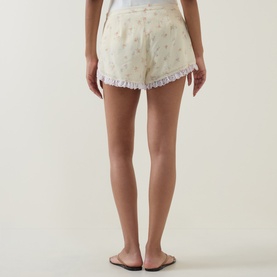 Model wearing LOVESHACKFANCY Lemon Haze floral viscose shorts with lace frill trim, back view, styled with black flat sandals