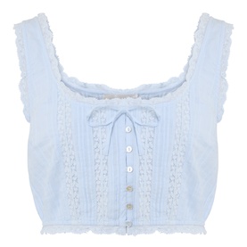 LoveShackFancy Blue Finch cotton crop top with lace trim, bow detail, and button front placket