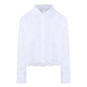 LoveShackFancy optic white linen shirt with floral broderie anglaise hem and button-front placket, long sleeves