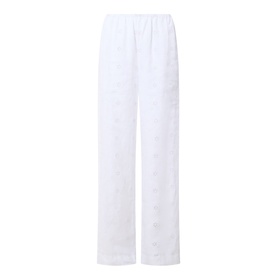 LOVESHACKFANCY trousers in Optic White, wide-leg silhouette with elasticated waist and tonal floral embroidery, 100% linen