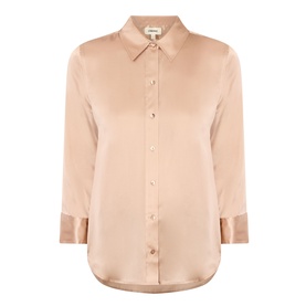 L'Agence Soft Nude 100% silk blouse with button-front placket, classic collar, and 3/4-length sleeves