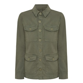 LAgence jacket in Smokey Olive, button-front with four patch pockets and classic shirt collar, cotton-linen blend