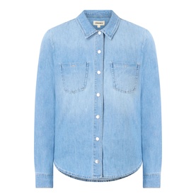 LAgence blue denim shirt with chest pockets, button-front fastening, pointed collar, and frayed pocket detailing in light wash cotton