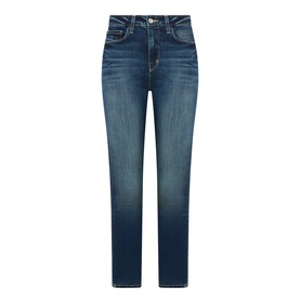 LAgence dark blue skinny jeans with faded wash, five-pocket styling and mid-rise waist, laid flat on white background