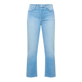 LAgence light blue slim-fit jeans with a straight leg, raw hem, and classic five-pocket design in cotton-blend denim
