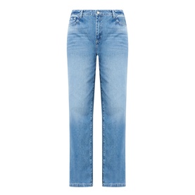 LAgence light blue wide leg jeans in 100% cotton, flat lay showing straight silhouette with classic five-pocket design and belt loops