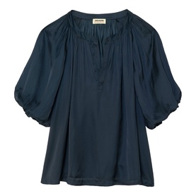 Zadig blue satin-finish blouse with gathered neckline, puffed elbow-length sleeves and relaxed silhouette