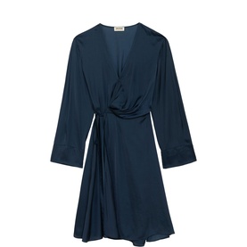 Zadig blue wrap-style mini dress with V-neckline, long sleeves, and gathered waist tie detail, in satin-finish fabric