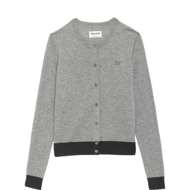 Zadig Missya Logo Cardigan in grey cashmere, crew neck, button fastening, long sleeves, contrasting dark hem and cuffs