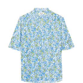 Zadig Topher Floral Blouse in yellow, blue floral print, short sleeves, buttoned collar, relaxed fit, 100% viscose