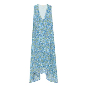 Zadig yellow floral print sleeveless midi dress with V-neck, asymmetric handkerchief hem, relaxed silhouette