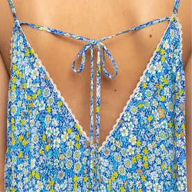 Zadig yellow floral print cami top, close-up of open tie-back detail with lace trim edging