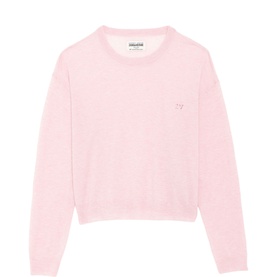 Zadig Swapy Cashmere Knit Sweater in pink with crew neck, long sleeves, and small contrasting chest embroidery