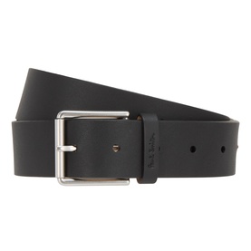 Paul Smith Access black leather belt with silver-tone square buckle and punch holes, shown flat in a coiled display.