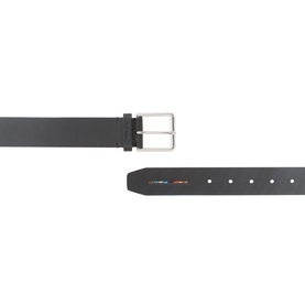 Paul Smith Access black leather belt with silver-tone buckle and multicolour edge detail, shown flat in two sections