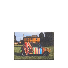 Paul Smith Access leather cardholder in multi graphic print, featuring iconic striped Mini car photographic design on front.