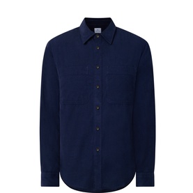 Paul Smith navy cotton casual shirt with chest patch pockets, button front, and curved hem, flat lay view