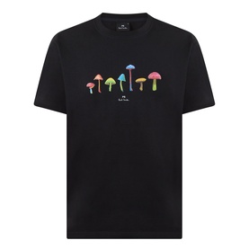 Paul Smith Mushrooms Logo T-Shirt in black, crew neck with multicolour mushroom graphic print on chest, short sleeves