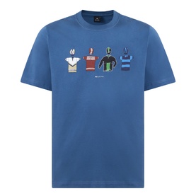 Paul Smith Crew Neck T-Shirt in indigo cotton, featuring graphic print of four rugby jerseys across the chest